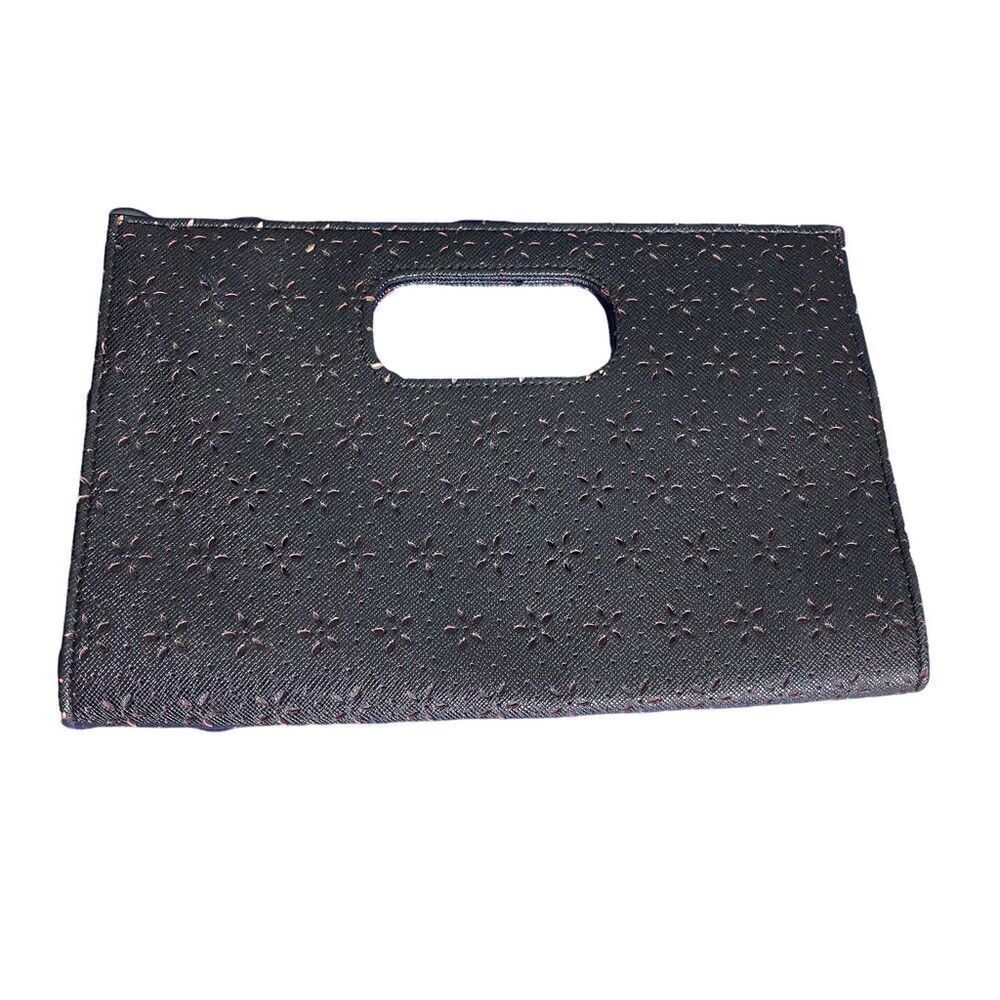 Laser Cut Black Clutch with Pink Floral Design | Large Cutout Handle | Evening B